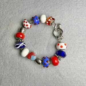 July 4 glass bead bracelet - red white blue silver toggle charm chunky beaded